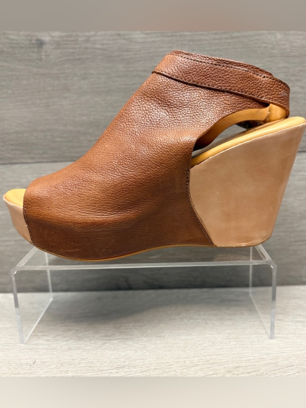 Kork-Ease Berit Brown Leather Peep-Toe Wedge Sandals with Slingback Strap 8 - Picture 5 of 12